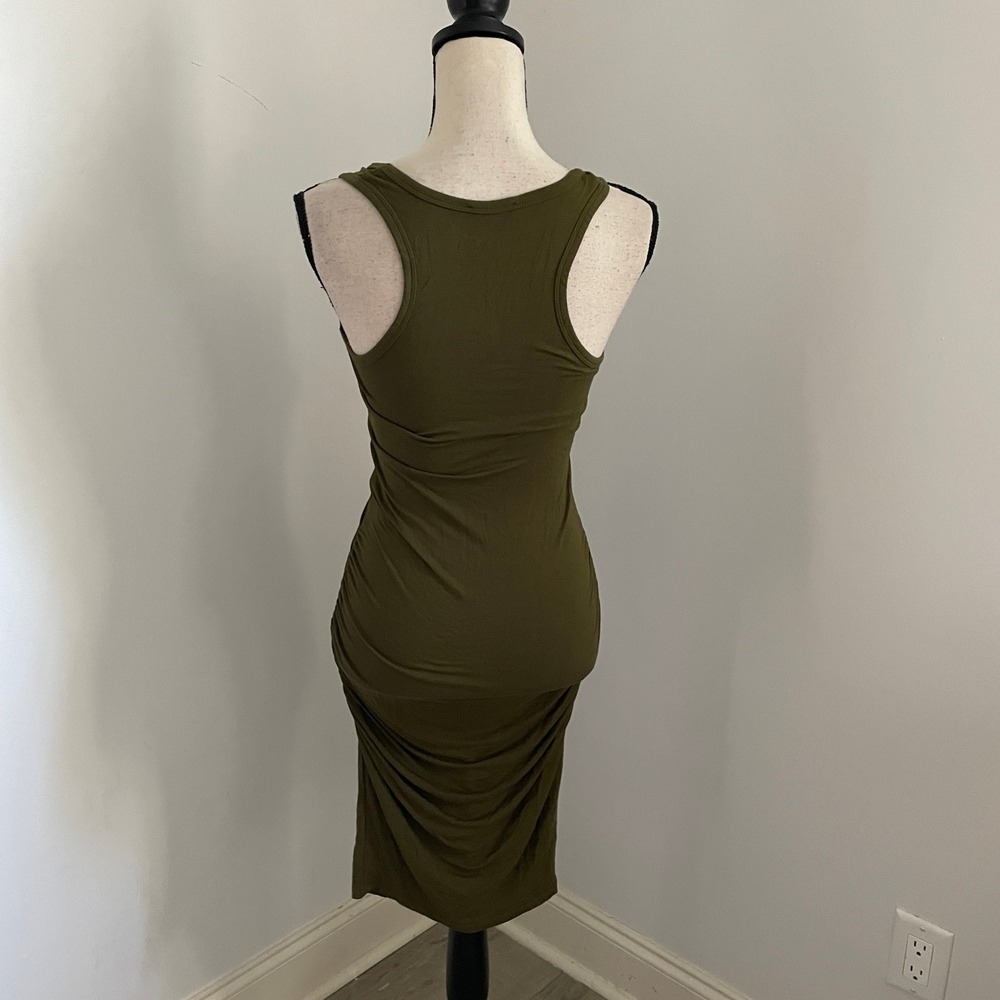 Green Racerback Dress XS Ruched Side Sleeveless Midi Minimalist Bodycon Coverup - Picture 4 of 10